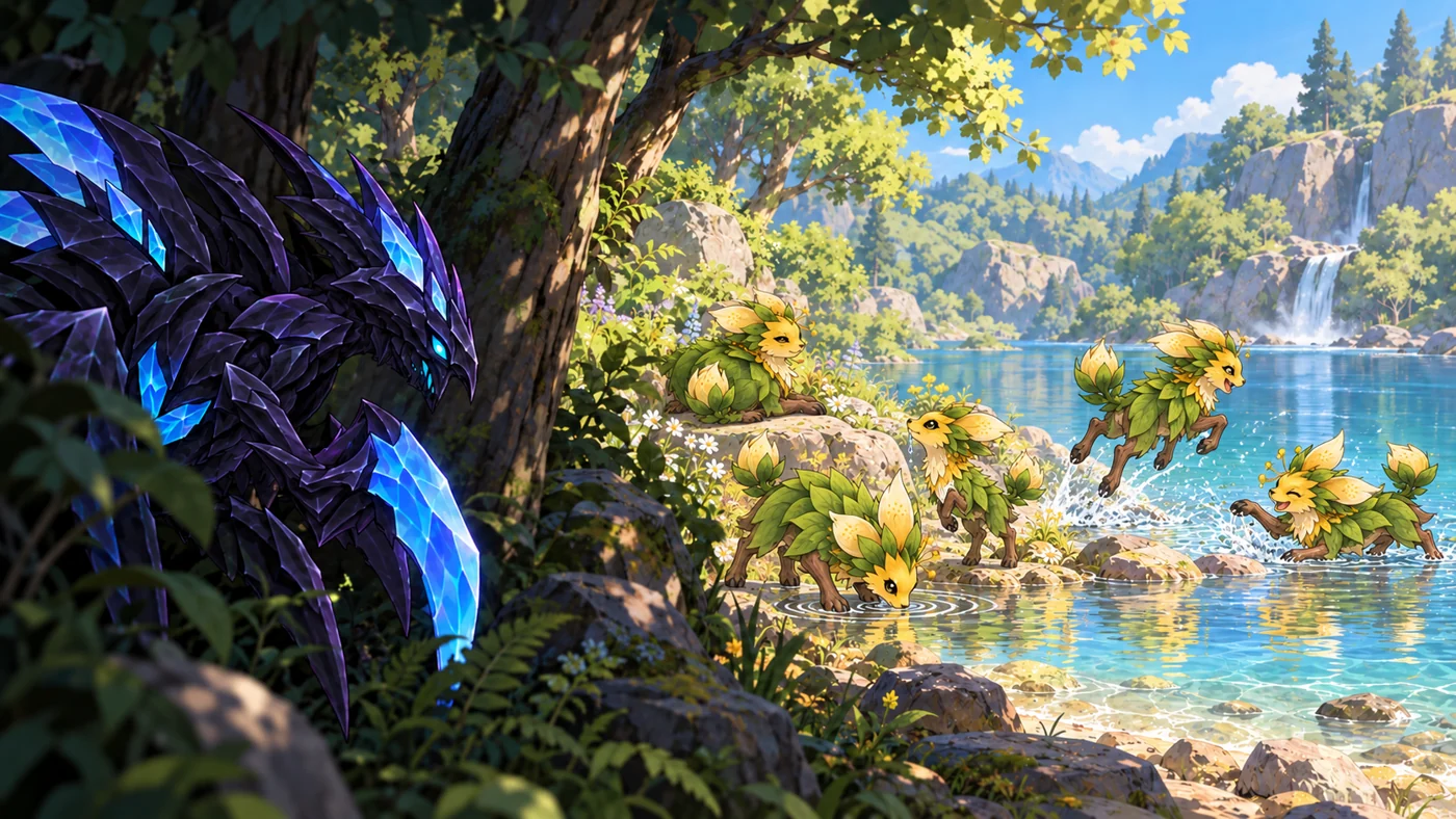 Obsidrake stalks a group of Petalop drinking and playing beside a forest lake